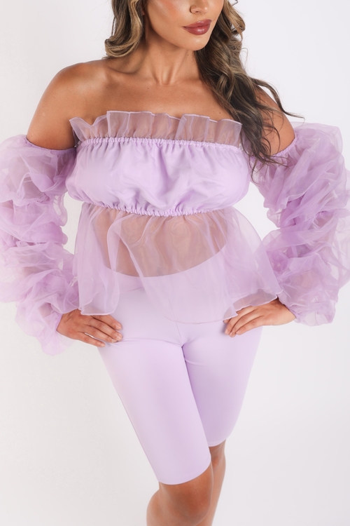Main Sexy Organza Sleeve Detailed Top & Matching Shorts 2 Piece Set lavndr image