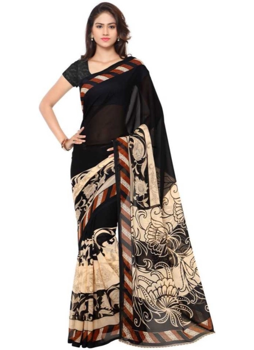 Printed Faux Georgette Black Color Saree