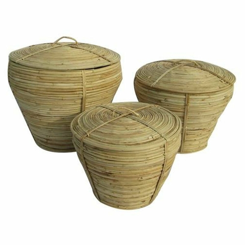 Basket set DKD Home Decor With lid Natural Rattan Tropical (3 Pieces)