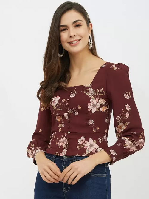 Casual Regular Sleeves Printed Women Maroon Top (Size L)