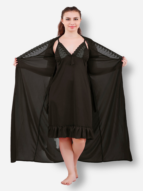 Romaisa Women's Satin Solid Black Nighty with Robe