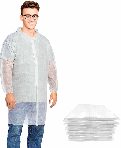 25 Pack White Polypropylene Lab Coats L Size. No Pockets, 4 Snaps,