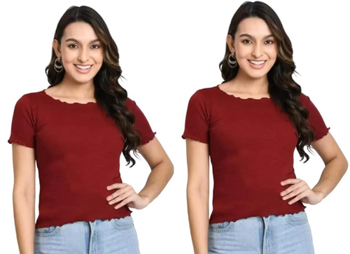 MAROON Stylish and Latest Women's Casual Short Sleeves Round Neck