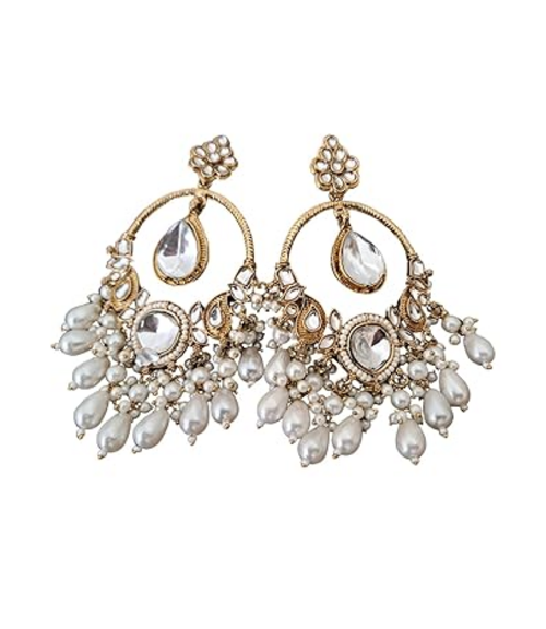 Plated Zircon Studded Drop Earrings (Color-WHITE&GOLDEN)