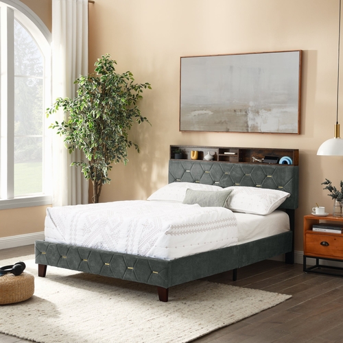 Full Size Bed Frame, Shelf Upholstered Headboard, Platform Bed with