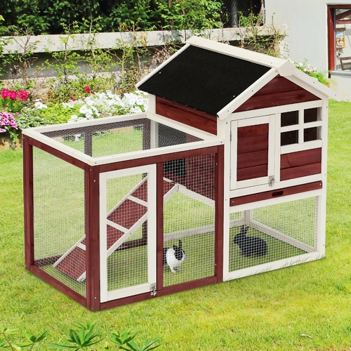 PawHut 48"x25‚Äùx36‚Äù Wooden Rabbit Hutch Backyard Bunny Cage Small