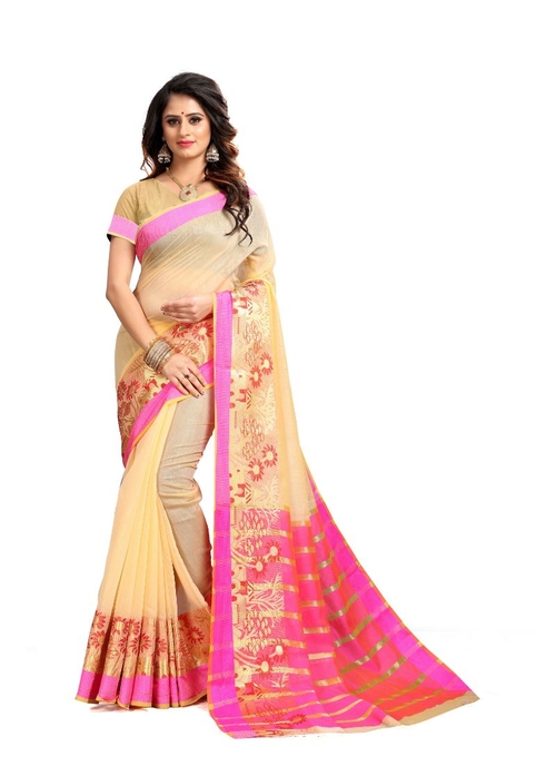 Generic Women's Cotton Silk Saree(Beige, 5.5-6