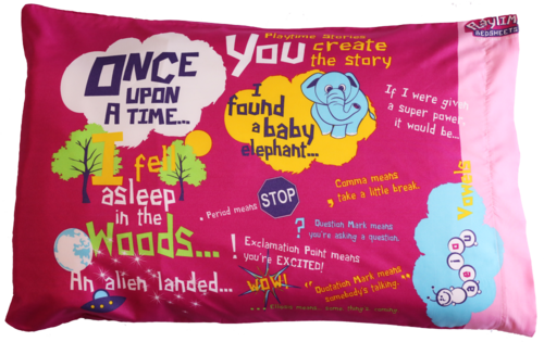 Playtime Story-Time Pillowcase. 20 Starter Sentences and Images. Pink