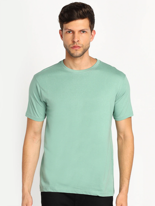 Men Solid Half Sleeves Round Neck Cotton Light Green T-Shirt (Size L)