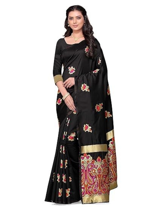 Women's Jacquard Woven Banarasi Silk Saree with Blouse Piece (Black)