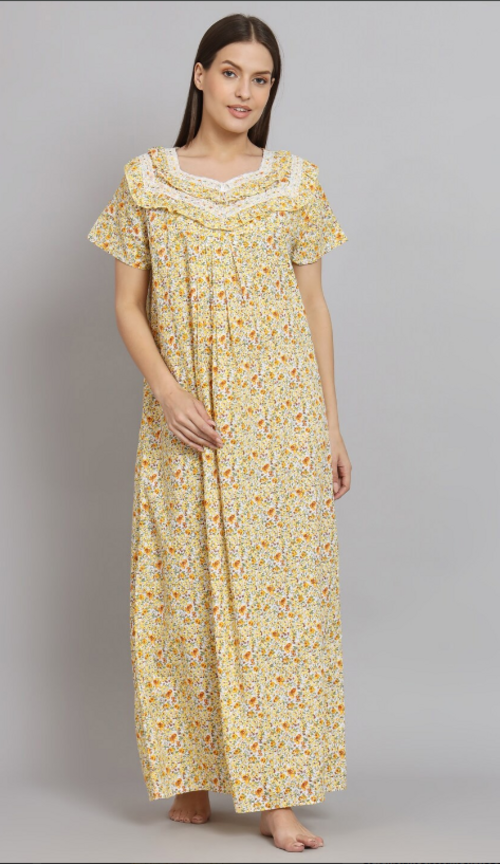 Women Floral Printed Pure Cotton Maxi Nightdress Yellow(Size M)