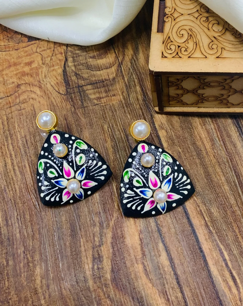 Enchanting Meenakari Black Hand Painted Matt Gold Plated Earring
