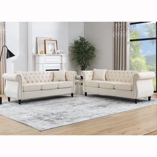 3-seater + 3-seater Combination sofa.Beige Velvet