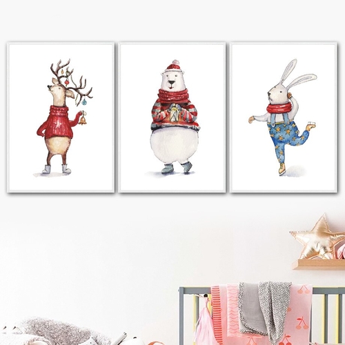 Cartoon Deer Bear Rabbit Wall Art Canvas