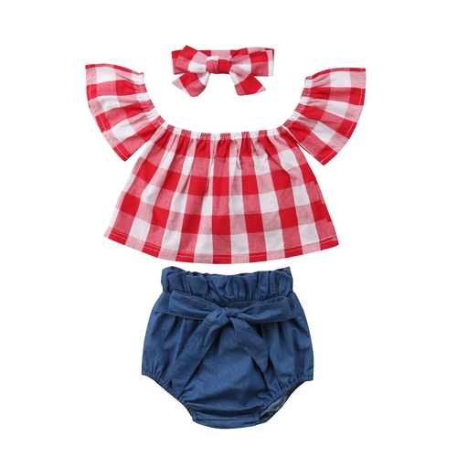 Newborn Baby Girls Off Shoulder Plaid Tops