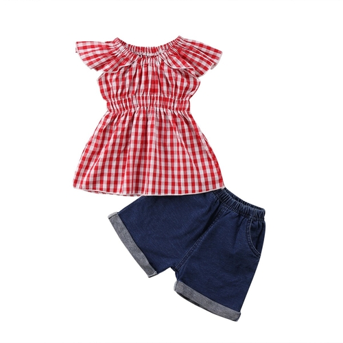 Girl Red Plaid Pattern Denim 2Pcs Summer