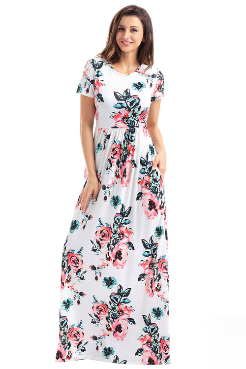 Pocket Design Short Sleeve White Floral Maxi Dress