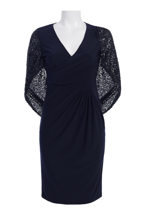 Adrianna Papell V-Neck Gathered Zipper Back Embellished Cape Sleeve