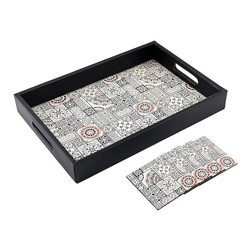 Black leaf Decorative Wooden Round Serving Trays Black Leaves Print