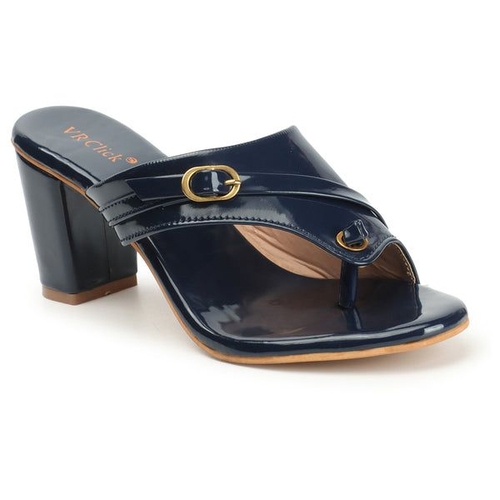 Open-Toe Chunky Block Heeled Slippers (Size-40) (Color-BLUE)