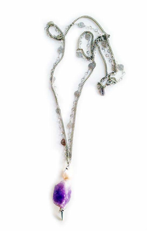 Lariat necklace with amethyst and light rose pearl.