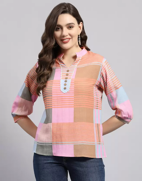 Casual Regular Sleeves Checkered Women Multicolor Top (Size M)