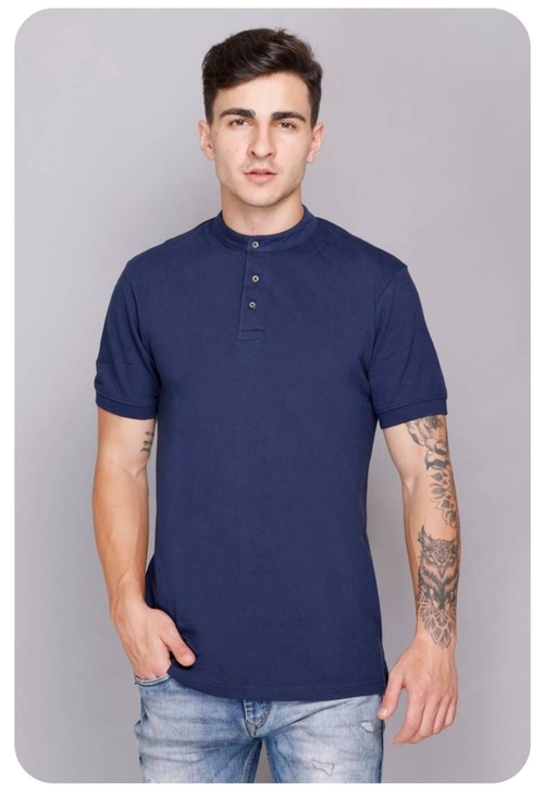 Men Solid Mandarin Collar Poly Cotton  T-Shirt (Size-XL) (Color-BLUE)