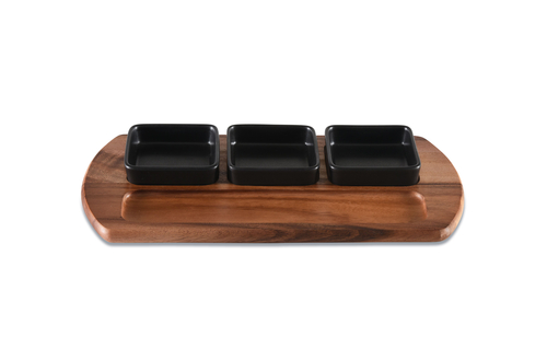 Charcuterie/ Serving Tray w/ 3 black square ceramic bowls 9" x 18"