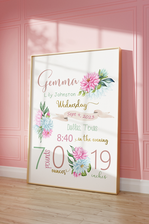 Personalized Wildflower baby gift, nursery decor