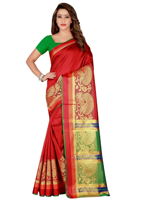 Generic Women's Poly Silk Saree with Blouse (Red,