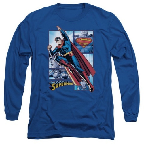 Trevco Jla-Superman Panels Long Sleeve Adult 18-1 Tee- Royal - Small