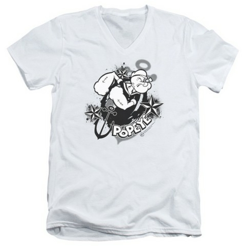 Popeye-Stars And Anchor Short Sleeve Adult 30-1 V-Neck Tee, White 