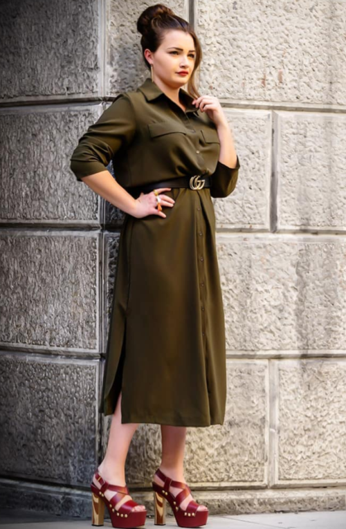 Army Green Slit Maxi Shirt Dress with Sash