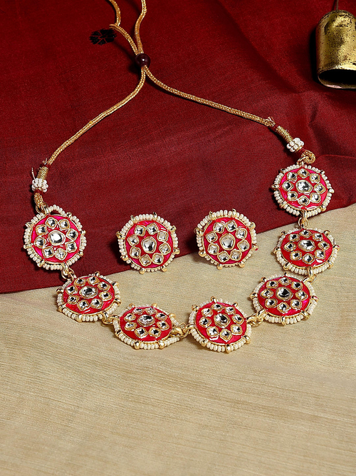 Red Kundan Beads Gold Plated Jewellery Set