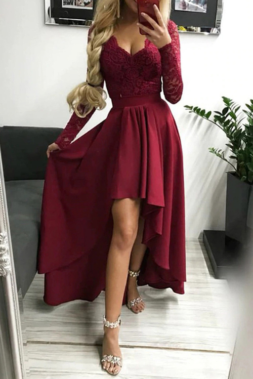 Red V-neck Lace Backless High and Low Hem Evening Dress