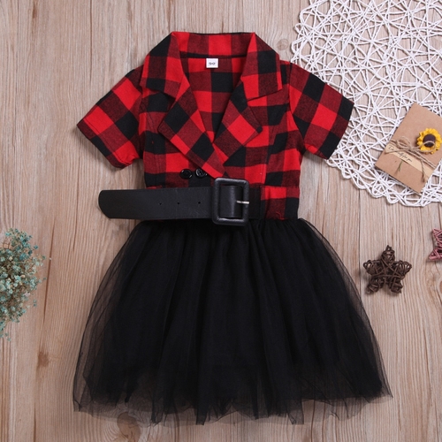 Toddler Kid Baby Girl Plaid Tulle Patchwork Casual