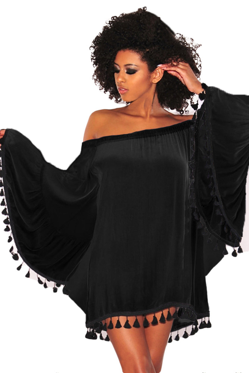 Black Off Shoulder Black Tassel Trim Dress