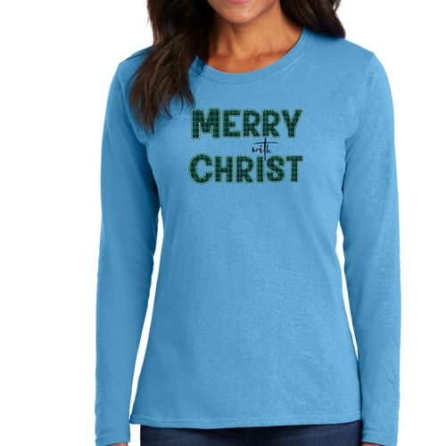 Womens Long Sleeve Graphic T-shirt - Merry with Christ - Green Plaid