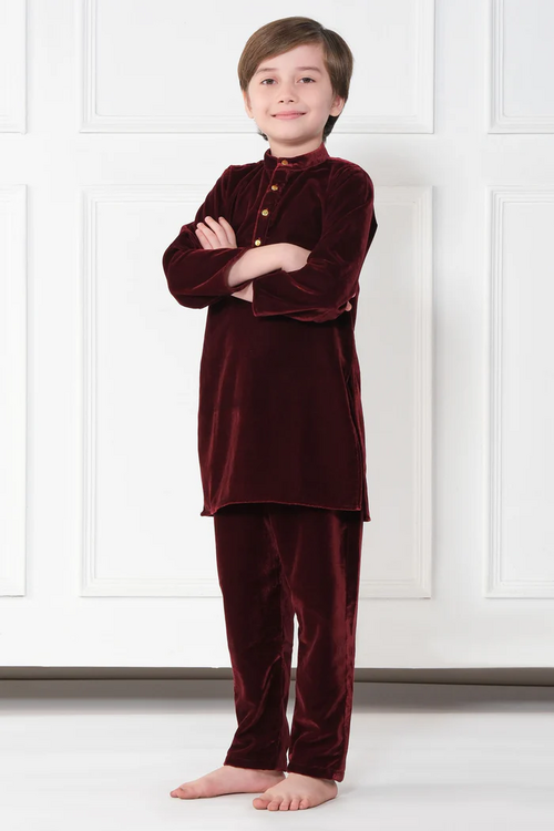 BOYS FULL VELVET KURTA PANT SET (SIZE-5-6yr) (COLOR-MAROON)