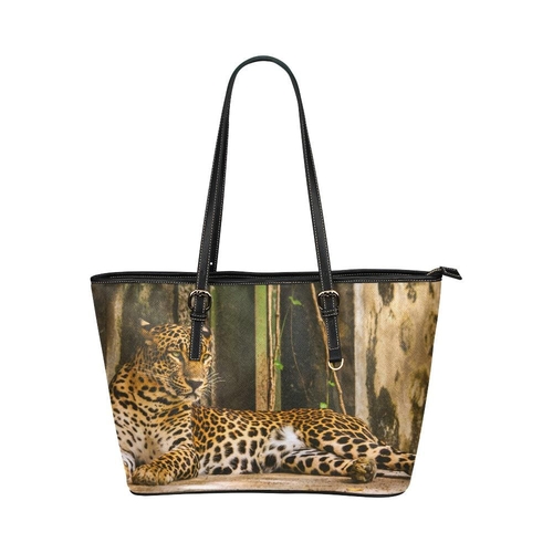 Large Leather Tote Shoulder Bag - Brown Exotic Tiger Pattern B3558250