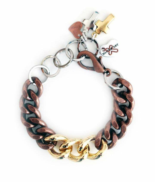 Chain and Link bracelet with double color brass chain and charms. Boho