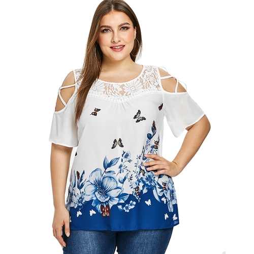  Women Plus Size Printed Lace Panel Blouse