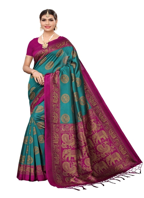 Generic Women's Art Silk Saree (Turquoise, 5-6