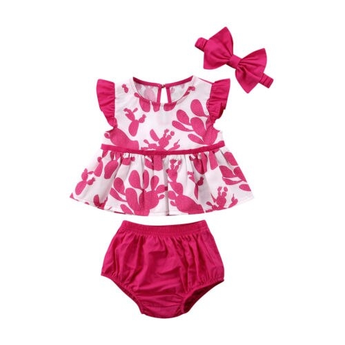 Newborn Kids Baby Girl Cactus Print 3Pcs Outfits