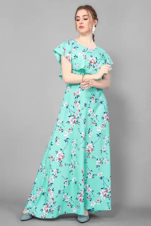 Women's Printed Crepe Stitched Anarkali Gown (Light Green) (Size XL)