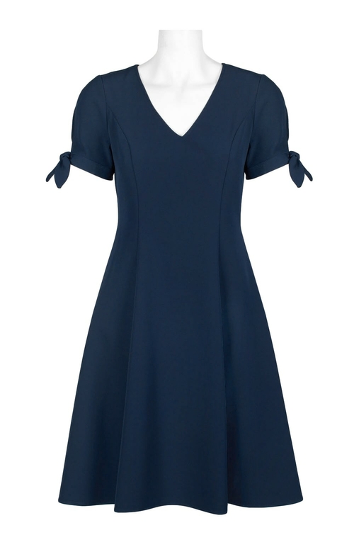 London Times V-Neck Short Sleeve A-Line Zipper Back Solid Crepe Dress