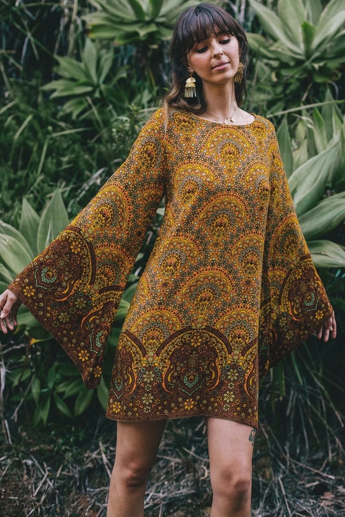 Yellow Starlight Bell Sleeve Shift Print Dress