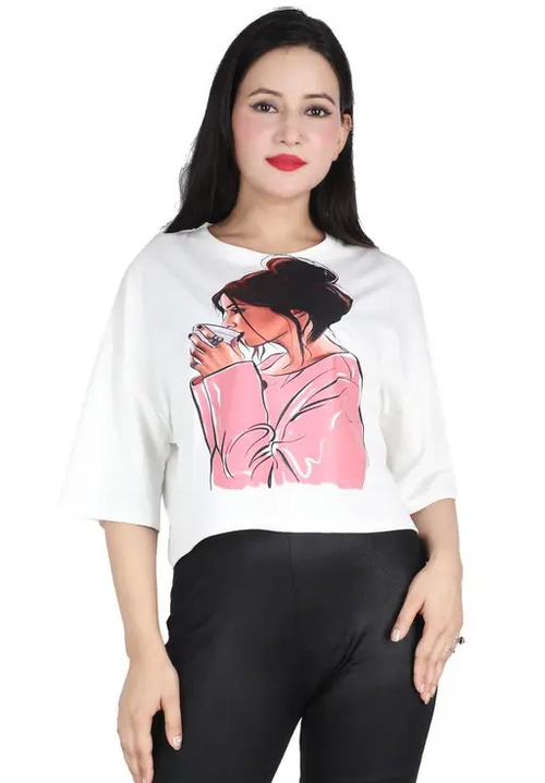 Casual Printed Women White Crop T-Shirt