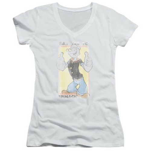 Trevco Popeye-Say Yes To Spinach Junior V-Neck Tee, White - XL
