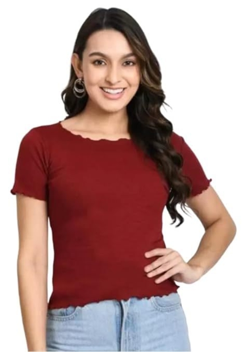 MAROON Stylish and Latest Women's Casual Short Sleeves Round Neck